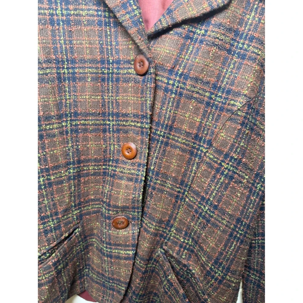 Maren Vintage Brown Multi Color Plaid Button Front Lined Blazer Jacket Size 12